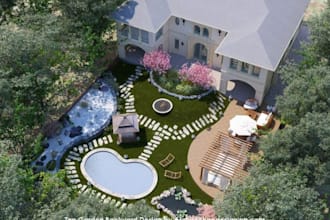 design house front garden backyard pool patio terrace 3d realistic landscape