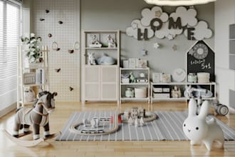 design 3d cgi kids playroom, childern nursing,study interior,furniture rendering