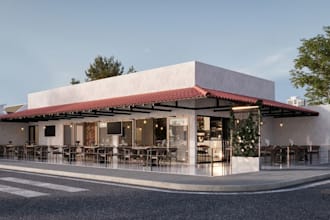 refurnish 3d restaurant exterior,bbq bar,cafeteria render,coffee shop,lounge cgi