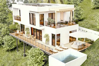 do 3d modelling farmhouse exterior rendering garden visualization walkthrough