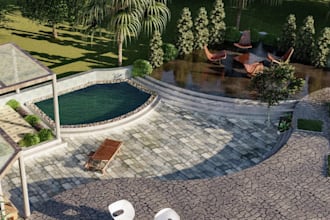 design 3d garden, landscape,outdoor space,pool, patio,terrace, yard, playground