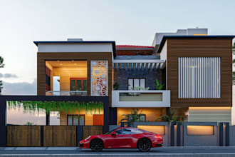 render 3d model house exterior architecture, terrace, patio landscape design