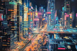 make a futuristic and detail cyberpunk city illustration