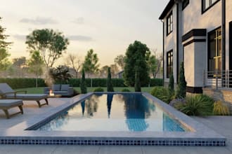 stunning 3d architectural interior exterior desig, pool house, fire place, yard