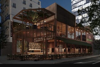 luxury 3d commercial complex building,outdoor restaurant design,bar render,sofa