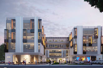remodel 3d commercial exterior,complex avenue,retail store front,cgi parking lot