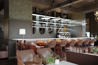 tropical 3d interior restaurant, hotel,furniture,large open bar,logo wall design