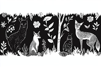illustrate botanical and animal linocut vector illustration