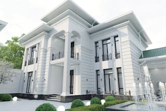 modern house facade design, landscape design, terrace, garden, car space, render