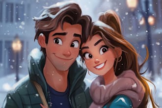 draw lovely disney cartoon couple portrait