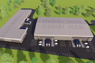 make cgi exterior design warehouse model commercial design, with 3d rendering