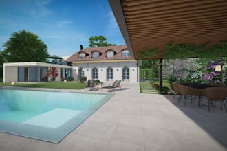 resort house,3d pergola,terrace render,facade exterior,cgi lawm,pooldeck,blender