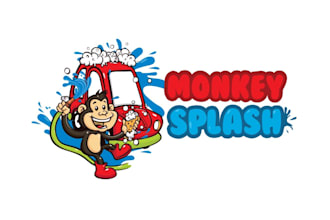 create a fun bright monkey car and water theme logo