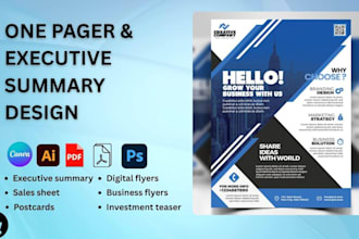 design one pager flyer sales sheet executive summary, investment teaser, catalog