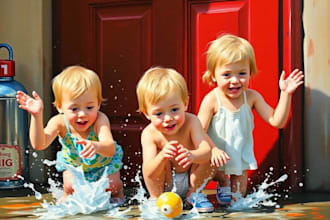 create beautiful digital artworks of children playing with water