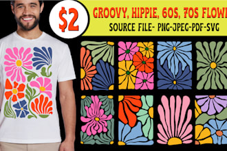 create groovy hippie retro abstract flower for t shirt design and others