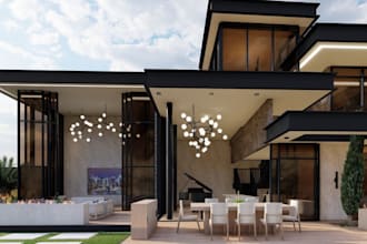 reimagine luxurious villa,outdoor lounge,landscape garden,pool patio,firepit cgi