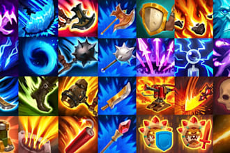 create nice 2d game assets, icons, props, object 2d game weapons game ui rpg