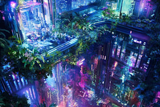 draw futuristic cyberpunk night city and scifi fantasy art