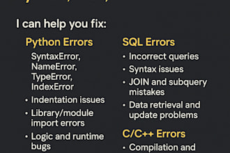 fix basic errors and debug your python, sql, c,cpp code