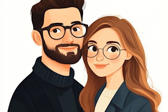 create cute couple portrait, anime pet illustration