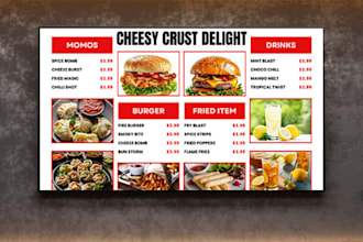 design a digital menu board, food menu, and TV screen menu