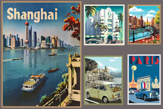 make vintage retro art deco realistic travel poster or landscape illustration