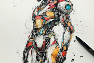 draw mecha, robot, sci fi concept art