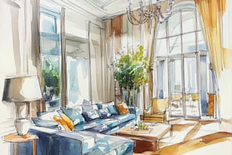 sketch design your interior room in my watercolor style