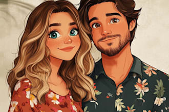 draw couple portrait in disney cartoon illustration for gift