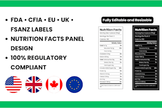 create fda, cfia, eu, UK nutrition facts label and food compliance panel