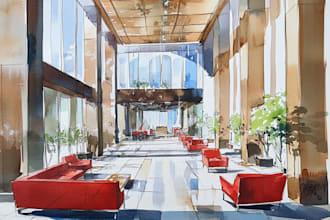 draw architectural building interior sketches with watercolor