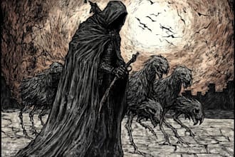 create a dark art illustration for album covers and more