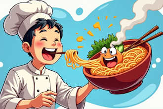 create unique japanese chef eating ramen logo or illustration