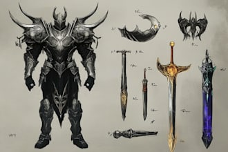 draw any weapons, armors and items concept art