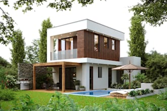 redesign villa elevation, house garden rendering, exterior, backyard pool design