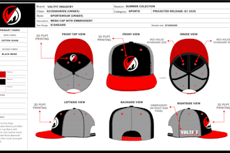 design tech pack and mockups for hats, caps and beanies