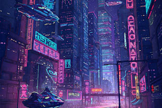 draw modern night futuristic city skyline, sci fi, cyberpunk city art