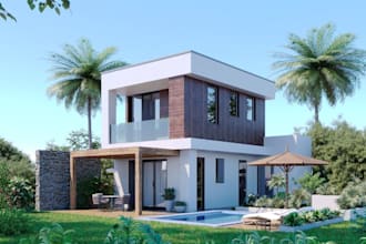buildup 3d modern villa apartment, render outdoor, interior stylish, lounge, cgi
