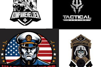 do modern vintage, patch, military tactical, skull and badge logo design