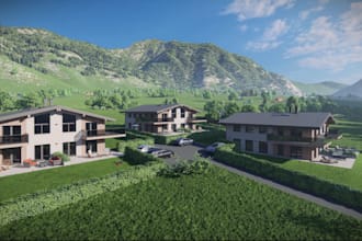 remodel 3d farm house villa,forest cabin,facade exterior,cgi lawn render,blender