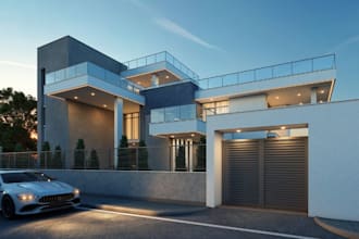 redesign 3d villa house front elevation,render outdoor structure, balcony design