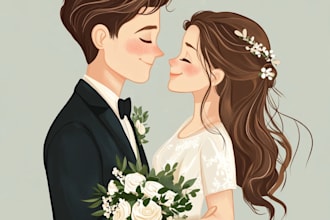 draw cute couple and wedding portrait illustration