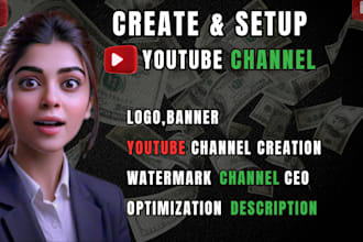 create, setup youtube channel with logo, art, intro, outro