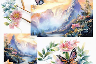 watercolor botanical illustrations of flowers and plants