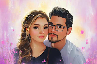 make disney couple portrait illustration, family portrait