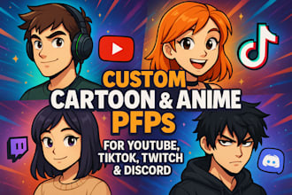draw a custom unique cartoon or anime pfp for youtube tiktok twitch and discord