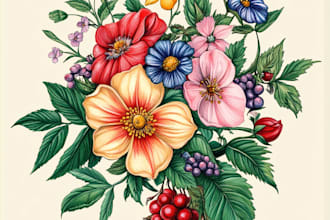draw botanical illustrations of flowers, plants and fruits