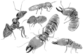 draw insect, animal bones and log cabins digitally