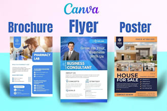 design professional editable canva flyers, brochures, posters and leaflets